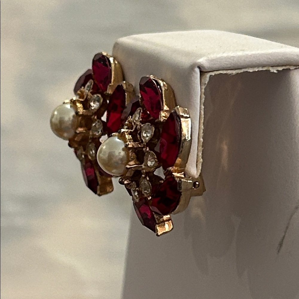 Red Rhinestone, Pearl Earrings - Picture 2 of 5